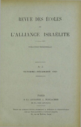 Revue des Ecoles de l’Alliance Israelite   N°03 (01 oct. 1901)